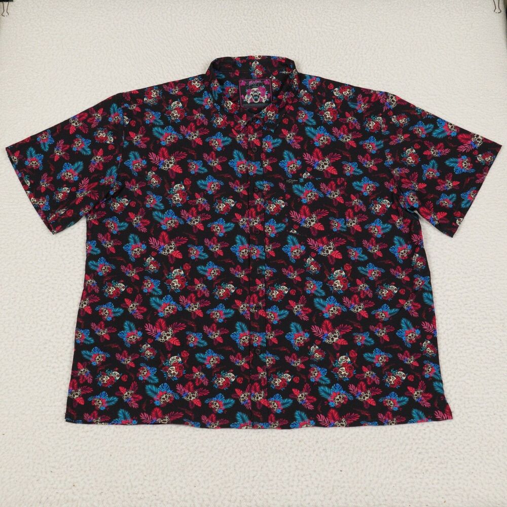 Retro Rifle Drinko Skulls Day of The Dead Button Down Shirt Mens 3XL Floral